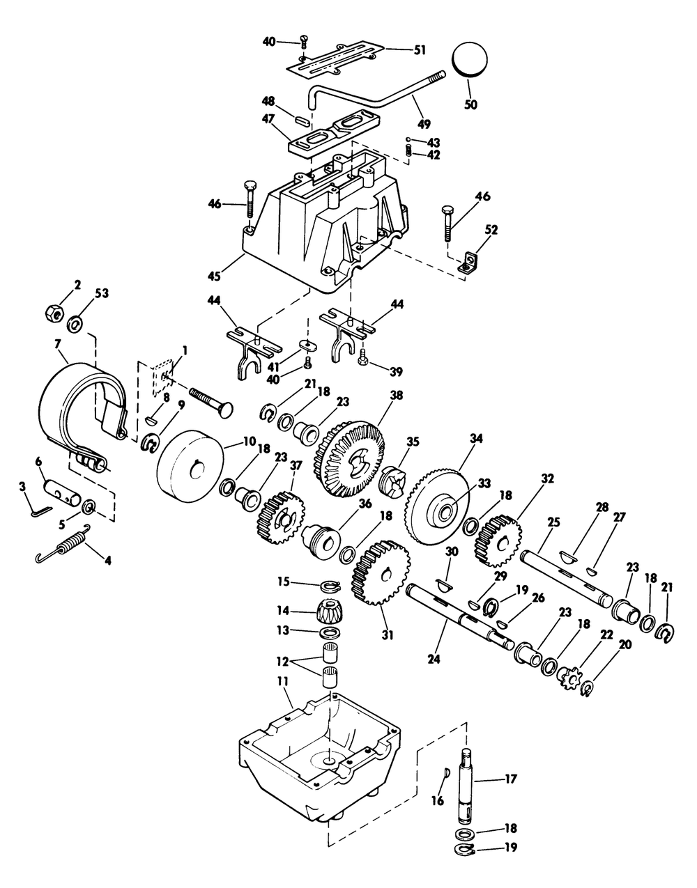 Riding Mower Transmission Group Diagram and Parts List for 2680A (200000001-299999999)(1972) Lawn Boy Snow Blower